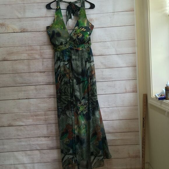 MIDNIGHT VELVET 100% SILK MAXI DRESS IN TROPICAL PRINT - Picture 1 of 12